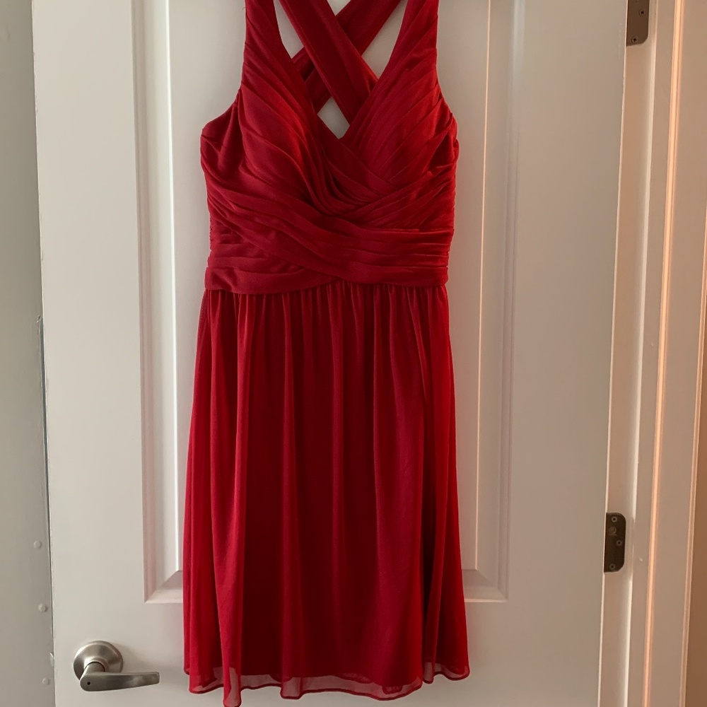David's Bridal chiffon short-length bridesmaid dress with crisscross back
